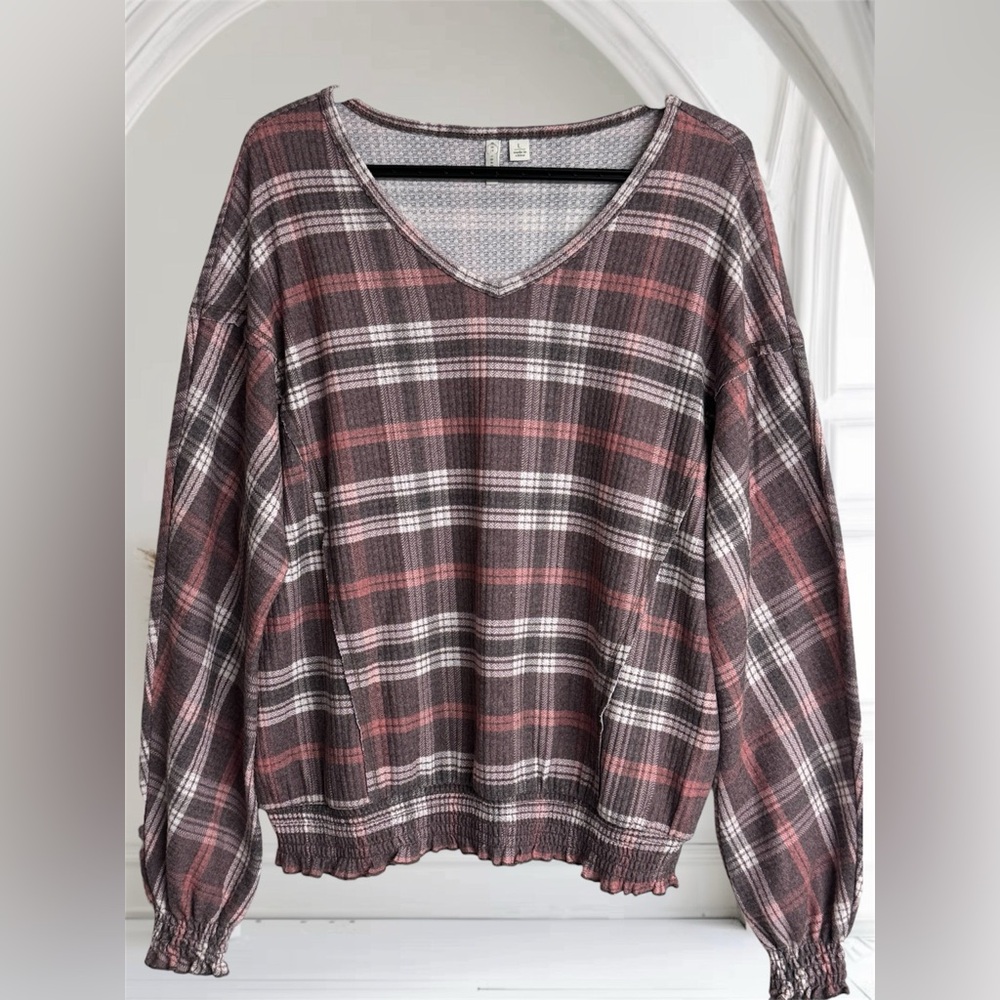 Est. 1946 Cato Plaid Print V-Neck Long Sleeve Top Size Large